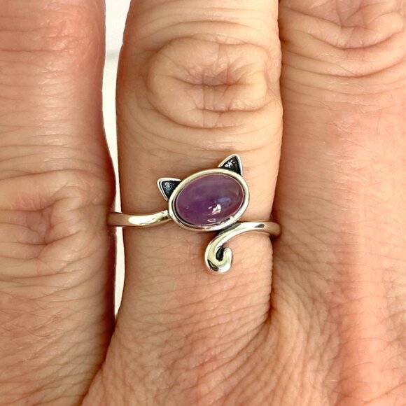 Sterling Silver 925 Oval Amethyst Cabochon Kitty Cat Band Ring Size 6 Cat Lover - Picture 16 of 16